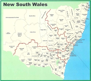 A map of Regional Boundaries defined by Local Government Areas in New South Wales.