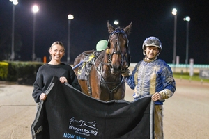 Mat Rue and Madi Young with Cheeky Kiss following her NSW Bred Final success at Menangle last Saturday night.